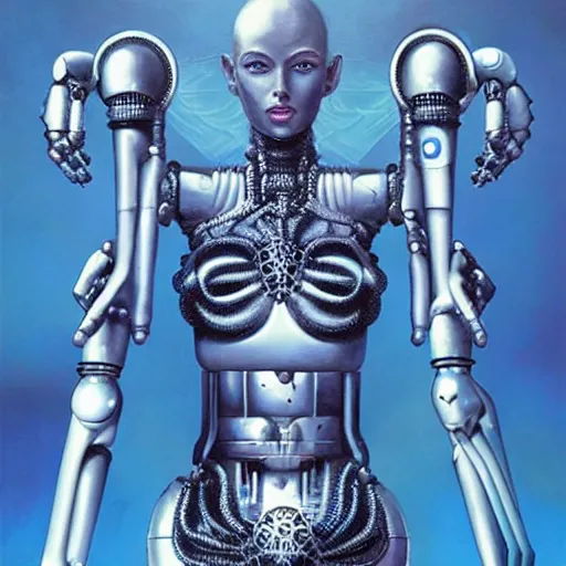 Image similar to hyper realistic close up portrait of a six - armed robot goddess holding geometric shapes, monochromatic body against a blue background. painting by greg rutkowski, scott m fischer, argerm, anne stokes, alexandros pyromallis