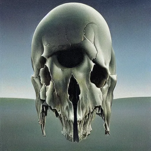 Prompt: emu skull as a zdzisław beksinski painting, surreal