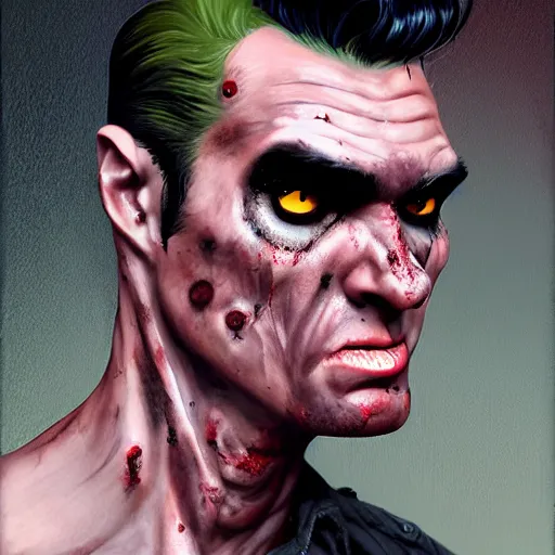 Image similar to portrait of a smooth skinned handsome zombie version of morrissey as a zombie with cuts and with a large quiff and thick eyebrows, 7 days to die zombie, realistic proportions, fine art, award winning, intricate, elegant, sharp focus, cinematic lighting, digital painting, 8 k concept art, art by brom, art by michael hussar, 8 k