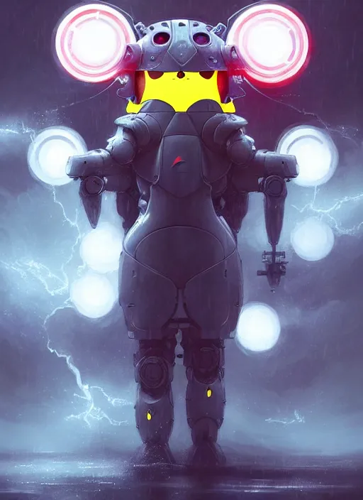 Image similar to pikachu themed mech suit in a thunderstorm, diffuse lighting, fantasy, highly detailed, photorealistic, digital painting, artstation, illustration, concept art, smooth, sharp focus, in the style of tom bagshaw