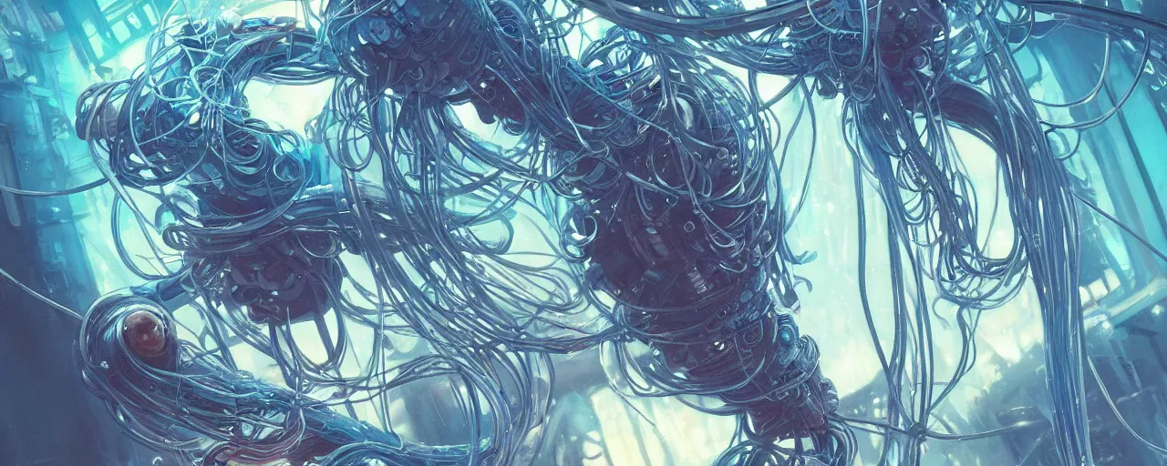 Image similar to a hyper detailed painting of a cyberpunk jellyfish, cables everywhere, blue tones, underwater, highly detailed, digital painting, artstation, concept art, smooth, sharp focus, illustration, art by artgerm and greg rutkowski and alphonse mucha