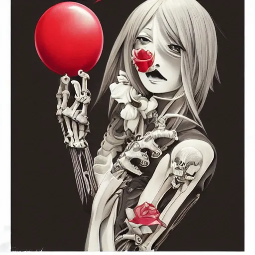 Image similar to anime manga skull portrait young woman holding balloon, skeleton, intricate, elegant, highly detailed, painting by jc leyendecker and sachin teng