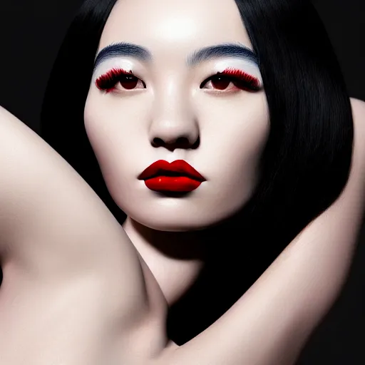 Image similar to a woman with black hair and a red lipstick, a photorealistic painting by wang duo, featured on cg society, photorealism, behance hd, ultrafine detail, high detail, beauty campaign, photoshoot