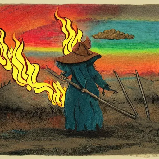 Prompt: a witch burning on stakes, but the fire is rainbows and smoke is spaziosa