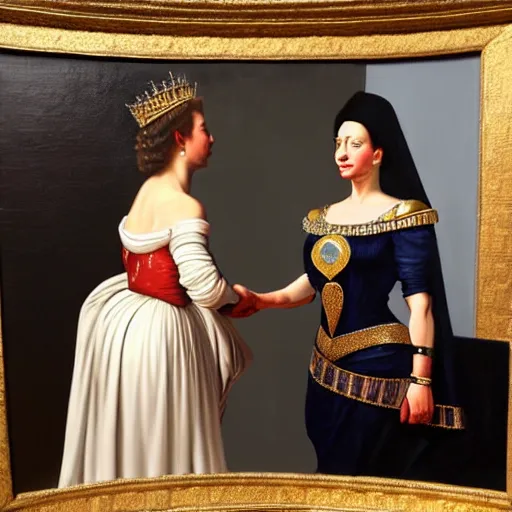 Prompt: hyper realistic oil painting of photo of queen elizabeth ii meeting queen cleopatra in egypt, in the style of caravaggio