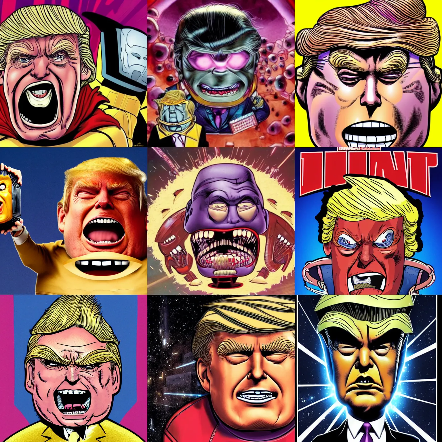 Prompt: donald trump's head as modok, the mental organism designed only for killing, little man in hovering throne, full body, psychic alien with huge head, marvel villain character