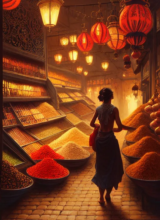 Prompt: a young woman shopping in a spice market at night, soft glow from lanterns, shiny, fantasy, intricate, elegant, hyper detailed, ultra definition, photoreal, artstation, unreal engine rendered, concept art, smooth, sharp focus, illustration, art by artgerm and greg rutkowski and alphonse mucha and garis edelweiss