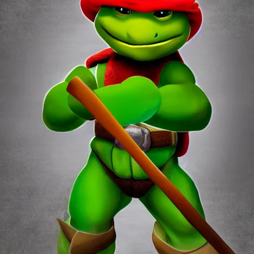 Image similar to teenage mutant ninja turtle michaelangelo holding frying pan full of doornails, wearing white chef hat, volumetric lighting, realistic, photo, artstation