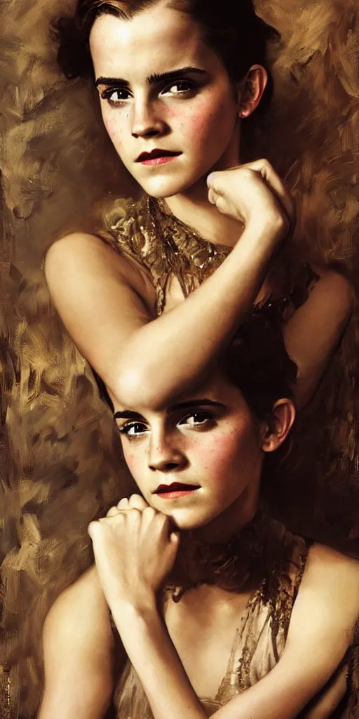 Prompt: emma watson detailed portrait hands painting by gaston bussiere craig mullins j. c. leyendecker photograph by richard avedon peter lindbergh annie leibovitz