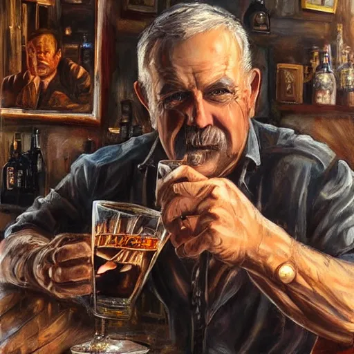 Image similar to modern oil body portrait of old wrinkled gunslinger jack having a whiskey at western saloon, very very very very very beautiful art, masterpiece, realistic and detailed, artstation, artificial lightning