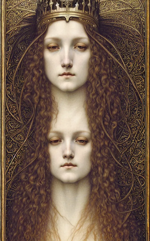 Image similar to detailed realistic beautiful young medieval queen face portrait by jean delville, gustave dore and marco mazzoni, art nouveau, symbolist, visionary, gothic, pre - raphaelite. horizontal symmetry