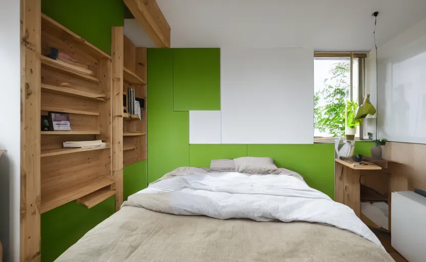 Image similar to interior of a small and compact minimalist bedroom in an apartment building, bed, cupboards, natural materials, bamboo wood, white, beige, bright, green painted wall, windows with a view of a green park, modernist, swedish design, japanese style, 8 k