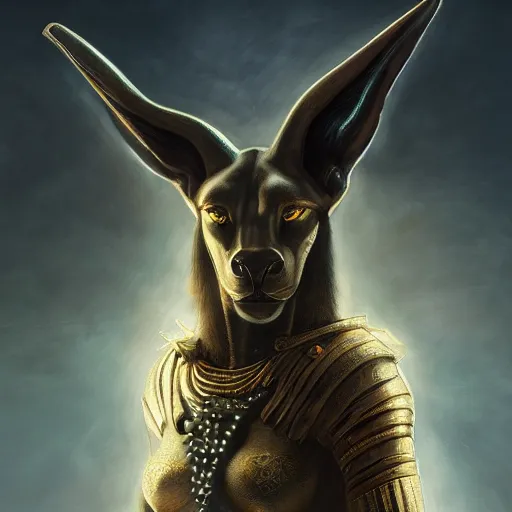 Image similar to majestic gracious anubis female warrior portrait, atmospheric lighting, painted, menacing, intricate, volumetric lighting, beautiful, rich deep colours masterpiece, golden hour, sharp focus, ultra detailed, by leesha hannigan, ross tran, thierry doizon, kai carpenter, ignacio fernandez rios