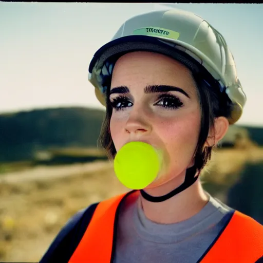 Prompt: photo, close up, emma watson in a hi vis vest, chewing tobacco, bulging lower lip, portrait, kodak gold 2 0 0,