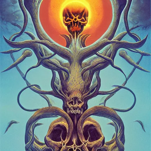 Image similar to symmetrical tarot card, the pikachu skull elder god, Zdzisław Beksiński art, figure silhouetted by burning sun, detailed, intricate, elegant, cgsociety, haunting, luxurious, ominous, matte painting, cinematic, Yoshitaka Amano, horizontally symmetrical, Wayne Barlowe