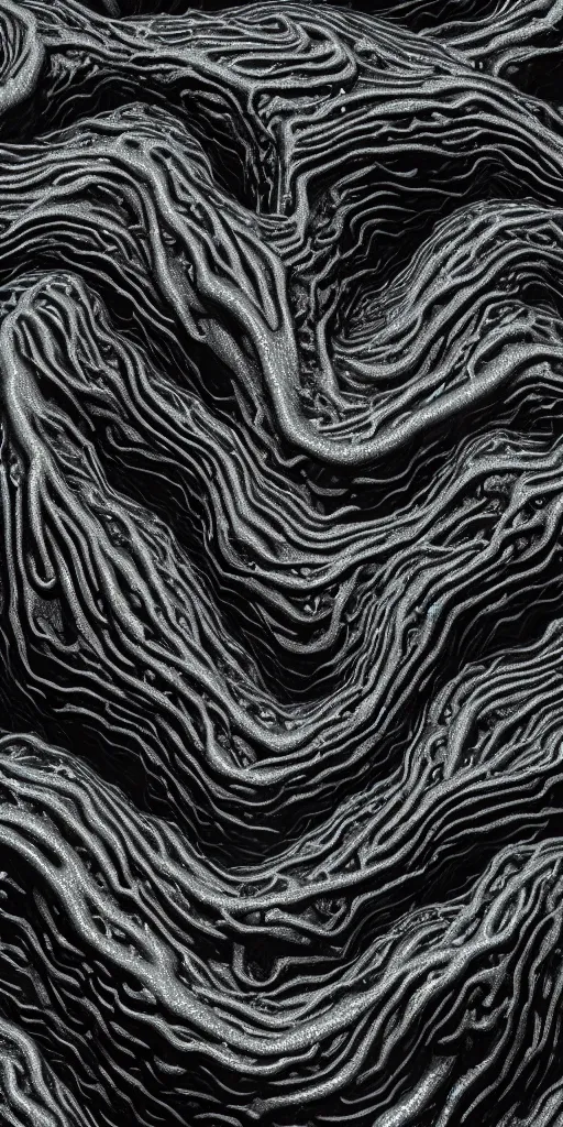 Image similar to a photorealistic render of a topographic organic made of melted metal and bioluminescent beings on a black background, c 4 d, by zhelong xu ouchh studio and ernst haeckel, wide angle, hyper realistic, plain black background, 8 k, volumetric lightning, octane render