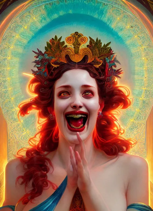 Image similar to the goddess hera laughing maniacally, paper tunic, glowing eyes, volumetric lights, red and cyan theme, art nouveau botanicals, intricate, highly detailed, digital painting, artstation, concept art, smooth, sharp focus, cinematic, illustration, art by artgerm and greg rutkowski and alphonse mucha