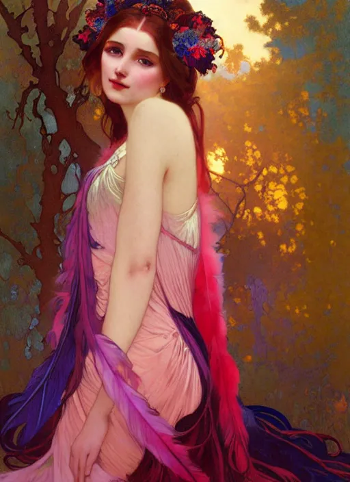 Image similar to ombre velvet gown, feathers, vivid colors, lovely dark autumn princess, portrait, long hair, tiara, jeweled choker, by alphonse mucha, brom, greg rutkowski, anato finnstark, global illumination, radiant light