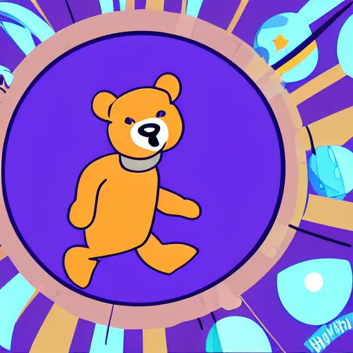 Image similar to cartoon illustration of a bear mascot being launched from a futuristic marble planet, purple and orange cloudland