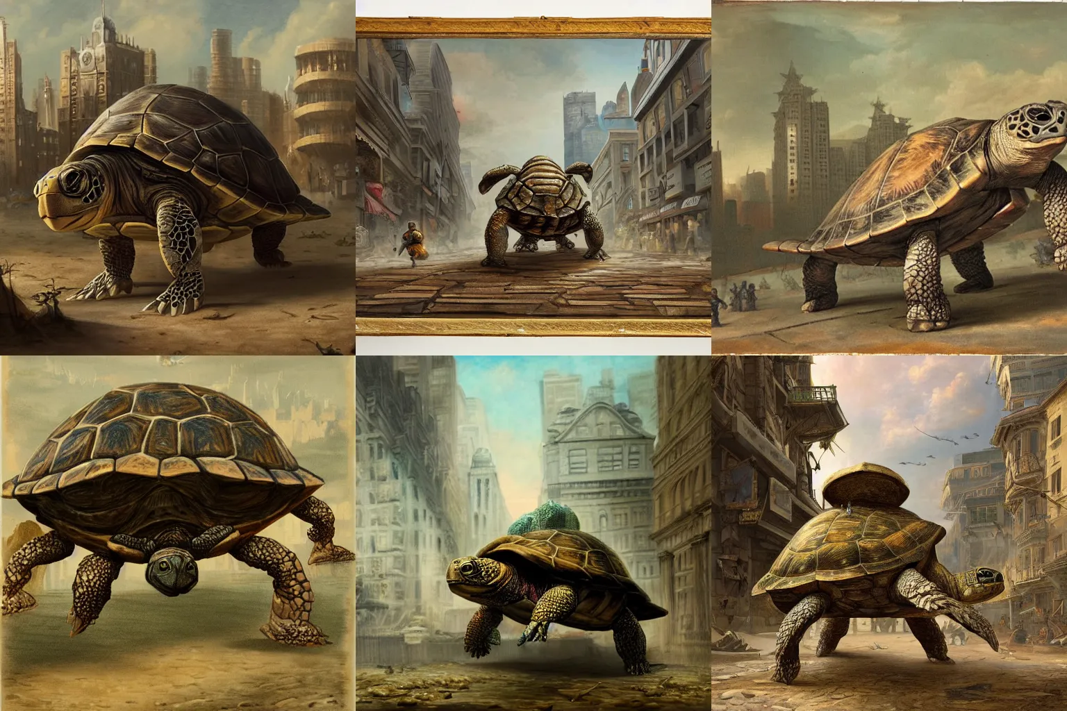 Prompt: painting of armored giant turtle walking through a miniature city, highly detailed