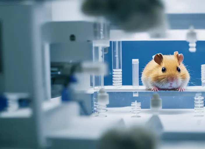 Image similar to film still of a hamster working in a research lab filling test tubes, 8 k