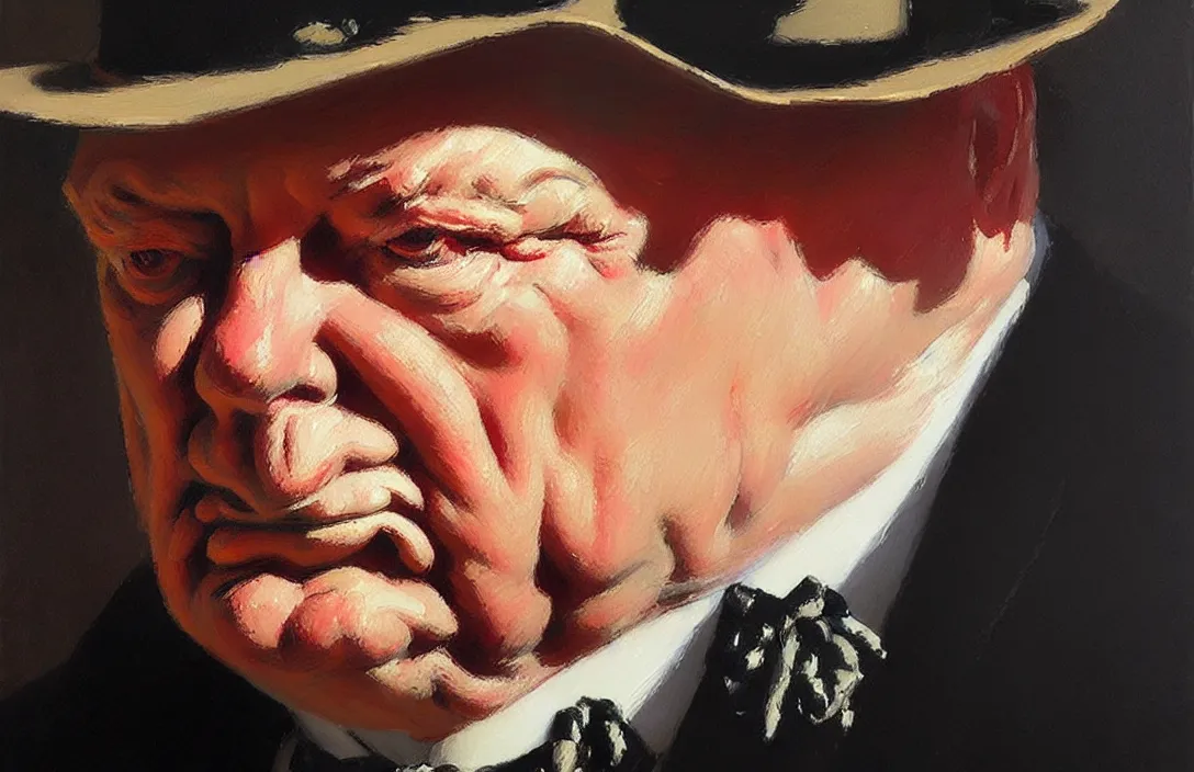 Image similar to portrait of winston churchill!!!!!!!!!!!!!!!!!!!!!!!!!!!, detailed face, detailed painting,, epic lighting, by ilya repin, phil hale and kent williams