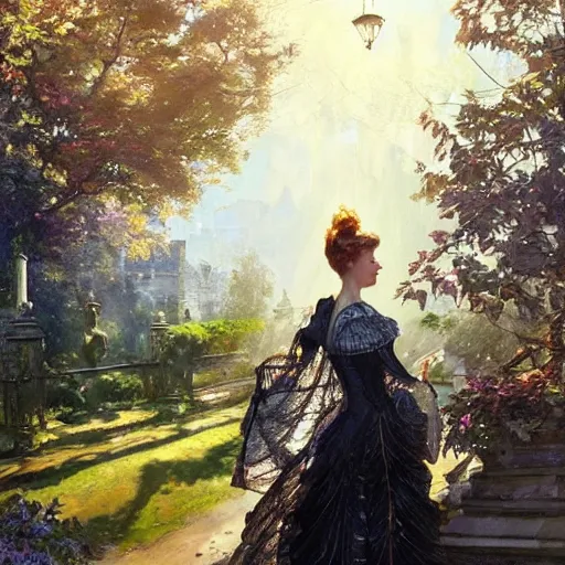 Image similar to portrait of a victorian lady in front of a English manor, from behind, streets, birds in the sky, sunlight and rays of light shining through trees, tall buildings on the sides, beautiful, solarpunk!!!, highly detailed, digital painting by Michael Garmash and Peter Mohrbacher