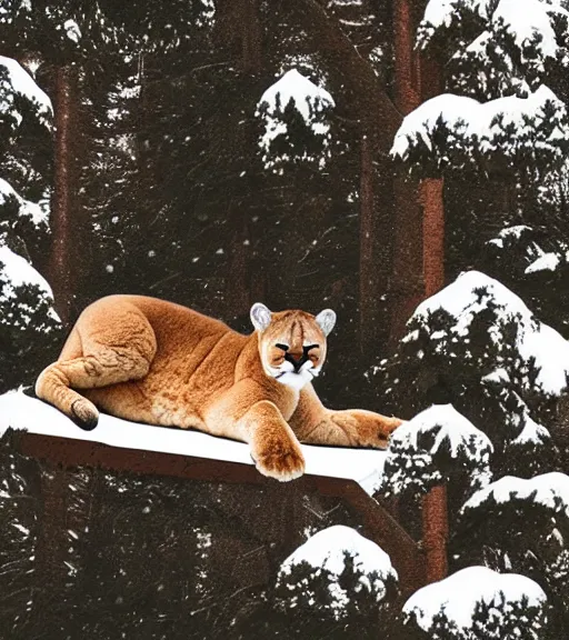 Image similar to postcard showing 'a cougar sleeping in the middle of snowy pine tree' laying on coffee table and ripped up, zoomed out shot, HD, iphone capture