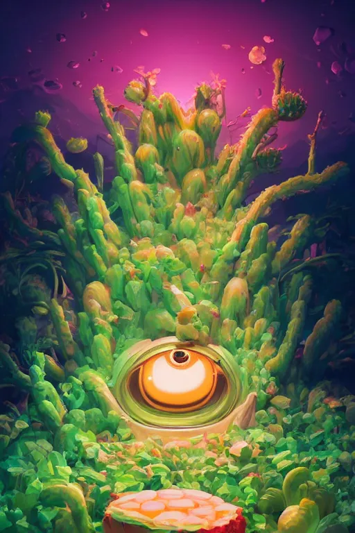 Image similar to roots cactus sushi cristal smurf ghost creature animal sushi cristal very big eye roots cactus elemental flush of force nature micro world fluo fishscale, behance hd by jesper ejsing, by rhads, makoto shinkai and lois van baarle, ilya kuvshinov, rossdraws radiating a glowing aura global illumination ray tracing hdr