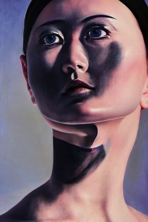Prompt: hyperrealism oil painting, complete darkness background, close - up face portrait from up, nun fashion model looking up, in style of classicism mixed with 8 0 s sci - fi japanese books art, tattoo on face