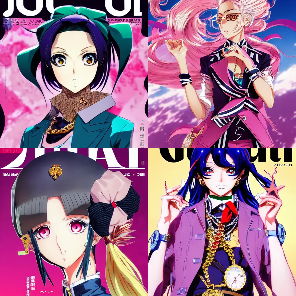 Image similar to Magazine Cover Anime key visual of a Gucci girl; official media; typography; drawn by Hirohiko Araki; Jojo's Bizarre Adventure; Jojolion, portrait, made by Stanley Artgerm Lau, WLOP, Rossdraws, James Jean, Andrei Riabovitchev, Marc Simonetti, Yoshitaka Amano, ArtStation