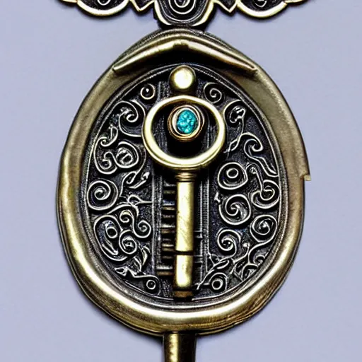 Image similar to a large ornate key with gems and engraved runes, d & d, photo