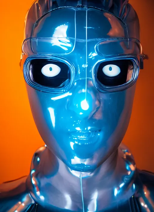 Image similar to a close-up of cyberpunk model man with black eyes and visible face wearing latex catsuit and lots of transparent and cellophane accessories, blue hour, twilight, cool, portrait, Kodachrome, ISO1200,