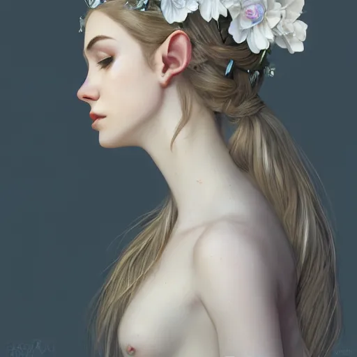 Prompt: side portrait of very beautiful elf, white flower crown, hair over face, headshot, looking up, hyper realistic, pale skin, white iridescenthair finish, 4k, rule of thirds, extreme detail, detailed drawing, trending artstation, hd, fantasy, D&D, realistic lighting, by Alphonse Mucha, Greg Rutkowski, sharp focus, backlit, elegant