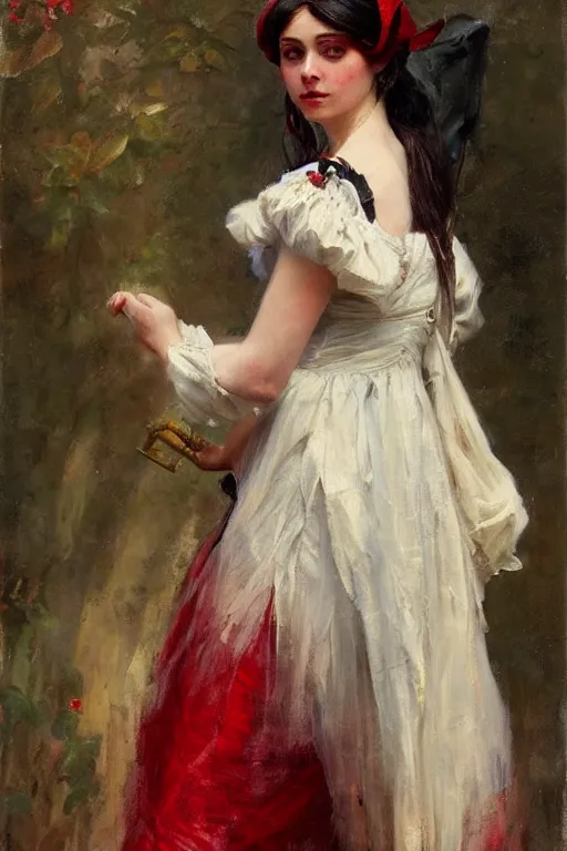 Image similar to Solomon Joseph Solomon and Richard Schmid and Jeremy Lipking victorian genre painting full length portrait painting of a young beautiful woman traditional german french pirate wench in fantasy costume, red background