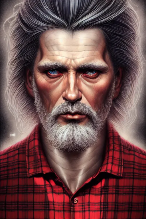 Prompt: a man wear plaid red shirt + long grey hair is the man who know everything in the universe by karol bak, james jean, tom bagshaw, rococo, sharp focus, trending on artstation, cinematic lighting, hyper realism, octane render, 8 k, hyper detailed, vivid, ultra detailed, highly detailed