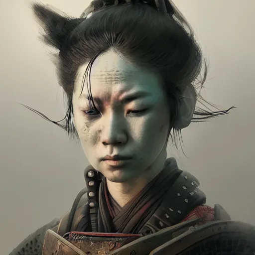 Image similar to Sickly diseased dying female Samurai warrior, portrait by Cedric Peyravernay, highly detailed, excellent composition, cinematic concept art, dramatic lighting, trending on ArtStation