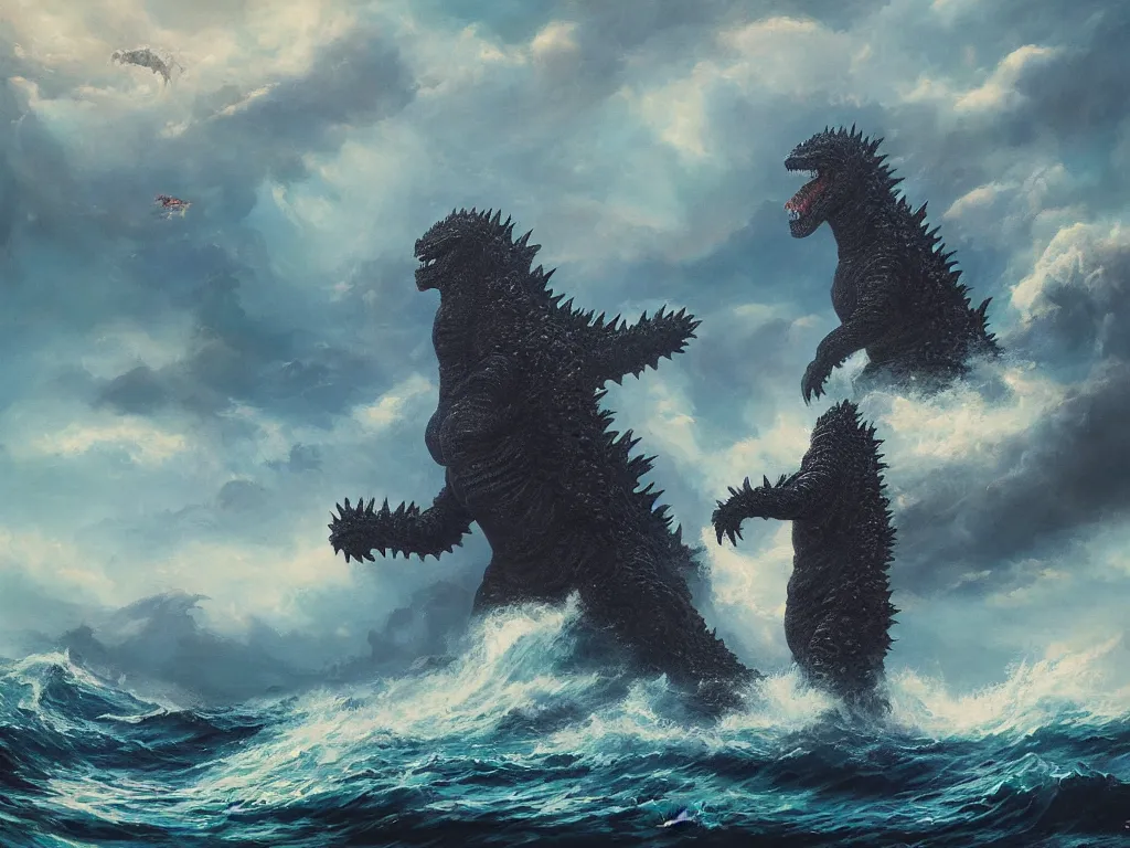 Image similar to oil painting of Godzilla rising from the ocean, epic scene, gigantic monster, peter mohrbacher