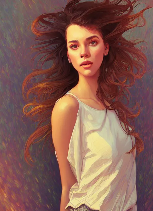 Image similar to handsome young women with shoulder length brown hair, half body shot, path traced, highly detailed, high quality, digital painting, alena aenami, lilia alvarado, shinji aramaki, karol bak, alphonse mucha, tom bagshaw