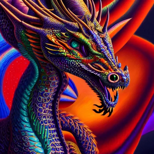 Image similar to an extremely psychedelic portrait of a dragon, surreal, lsd, face, detailed, intricate, elegant, lithe, highly detailed, digital painting, artstation, concept art, smooth, sharp focus, illustration