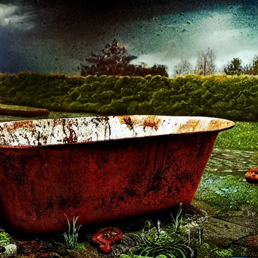 Image similar to hyperrealism photography computer simulation visualisation of parallel universe detailed old rusty bath in the detailed ukrainian village garden in dramatic scene from art house futuristic movie by caravaggio and alejandro jodorowsky and andrei tarkovsky