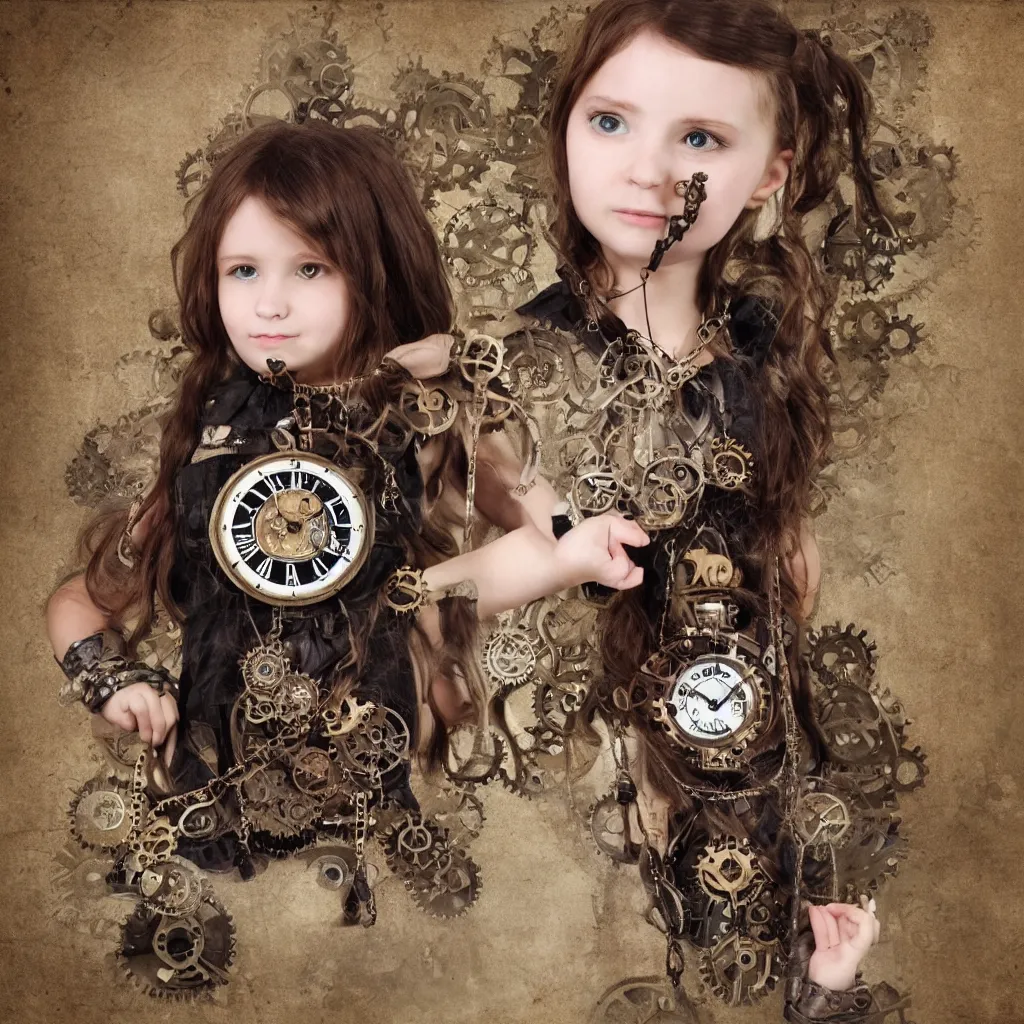 Prompt: steampunk little girl wears a clock necklace,