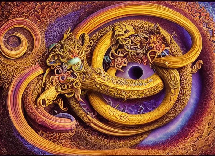 Image similar to the ouroboros of infinite flower universes, by octavio ocampo, dichromatism, paradox, volumetric light, insanely detailed and intricate, hypermaximalist, warm colors, dramatic lighting, smooth, sharp focus, extremely detailed, aesthetically pleasing composition