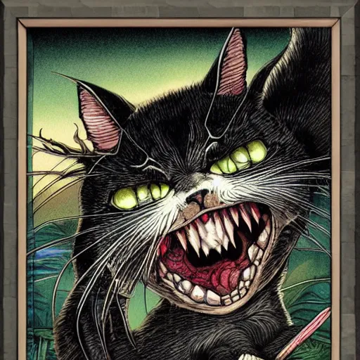 Prompt: vampire cat eating a fish, inside a frame on a tiled wall, frontal picture, by yoichi hatakenaka, masamune shirow, josan gonzales and dan mumford, ayami kojima, takato yamamoto,