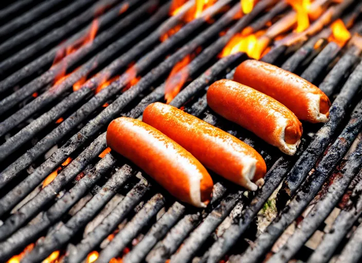 Image similar to food photo of hot dogs cooking on a grill, flames coming out of grill, 8 k, 8 5 mm f 1. 8