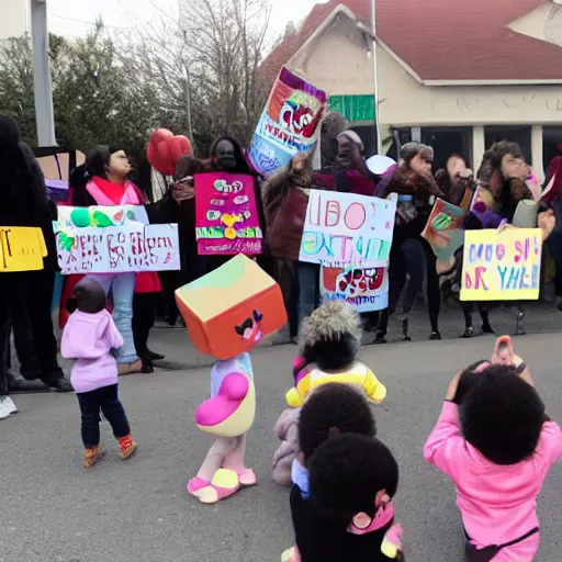 Image similar to babies protesting in front of a daycare center