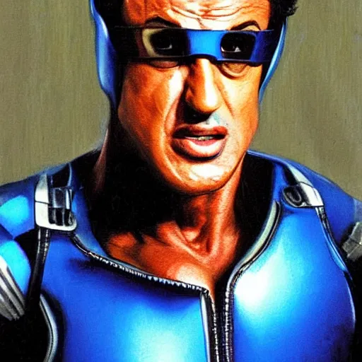 Image similar to sylvester stallone in blue metal cyber suit, art by bisley