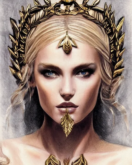 Image similar to tattoo design sketch of hot blonde super model as aphrodite greek goddess wearing a gold laurel wreath and triangle earrings, beautiful piercing gaze with sharp pupils, in the style of greg rutkowski, fantasy, amazing detail, epic, elegant, smooth, sharp focus, front view