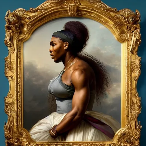 Image similar to full body portrait of serena williams as nike goddess with perfect hands, large wings, luxuriant, dreamy, eternity, romantic, strong pose, highly detailed, in the style of franz xaver winterhalter, highly detailed, in the style of aetherpunk