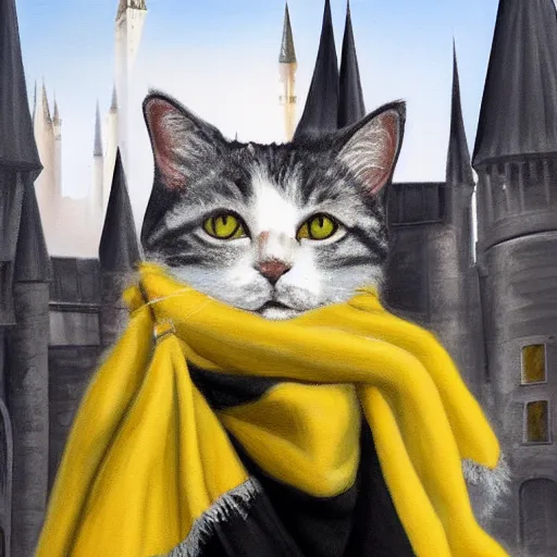 Image similar to oil painting wide shot from below of a white and grey tabby cat wearing a black yellow striped hufflepuff scarf, in front of hogwarts castle, digital painting, high detail, award-winning, playful, deep focus, realistic, hyperrealistic, magical